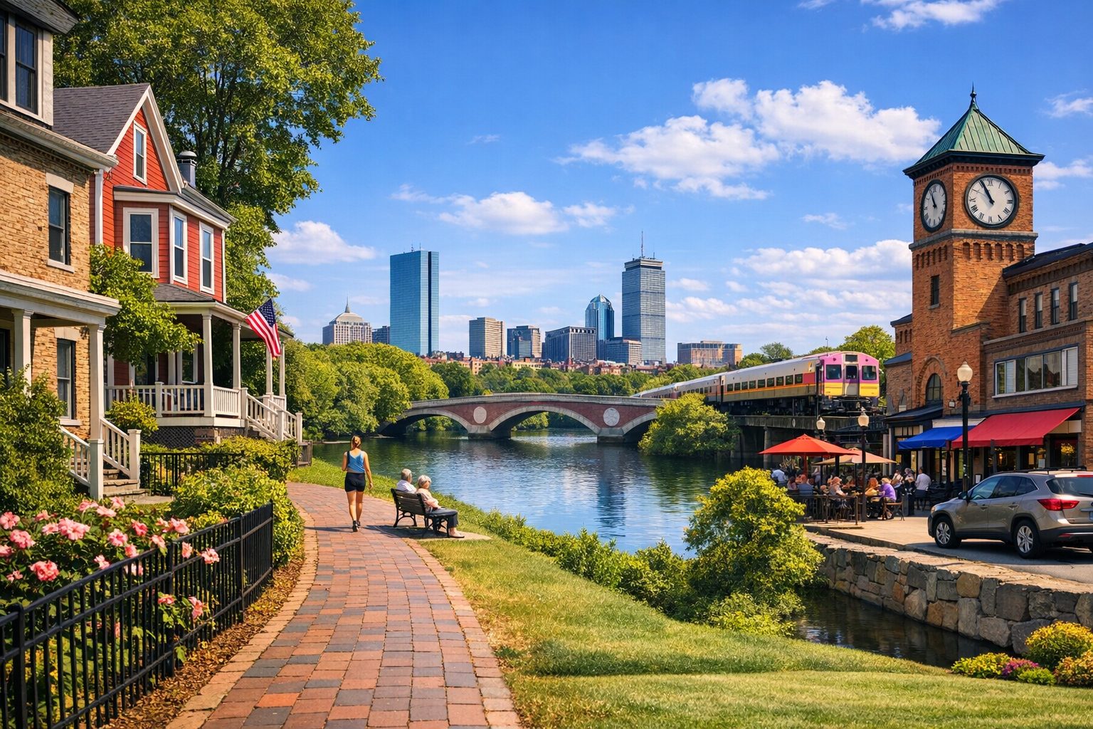 Scenic riverfront path with historic homes, a train passing over a bridge, and the Boston skyline in the background.